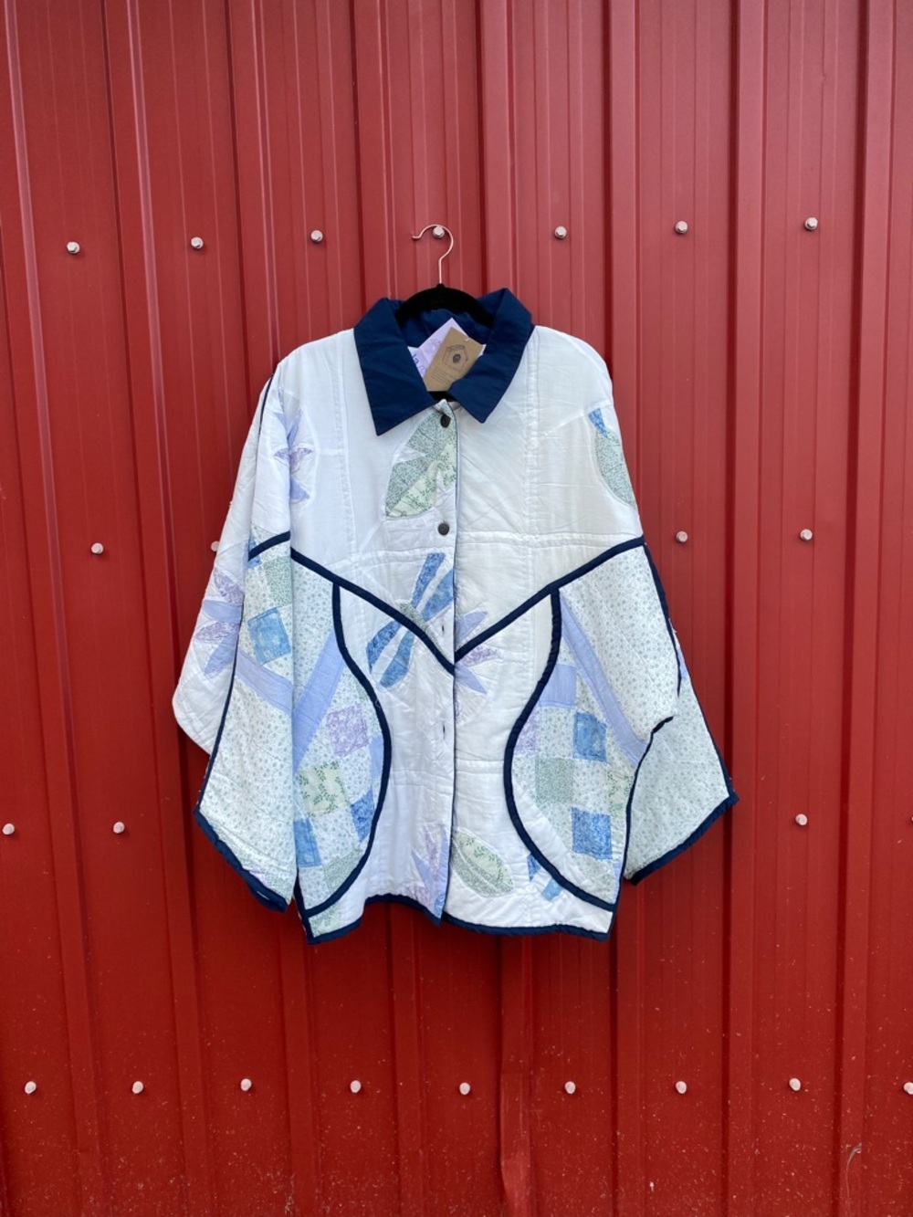 Quilted Patchwork Cape Jacket with Navy Trim
